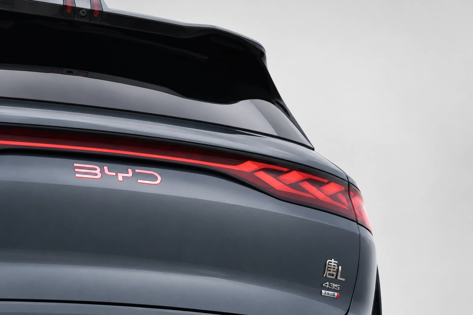 BYD Tang L, zbliżenie na prawą część tylnego pasa świetlnego i napis BYD.