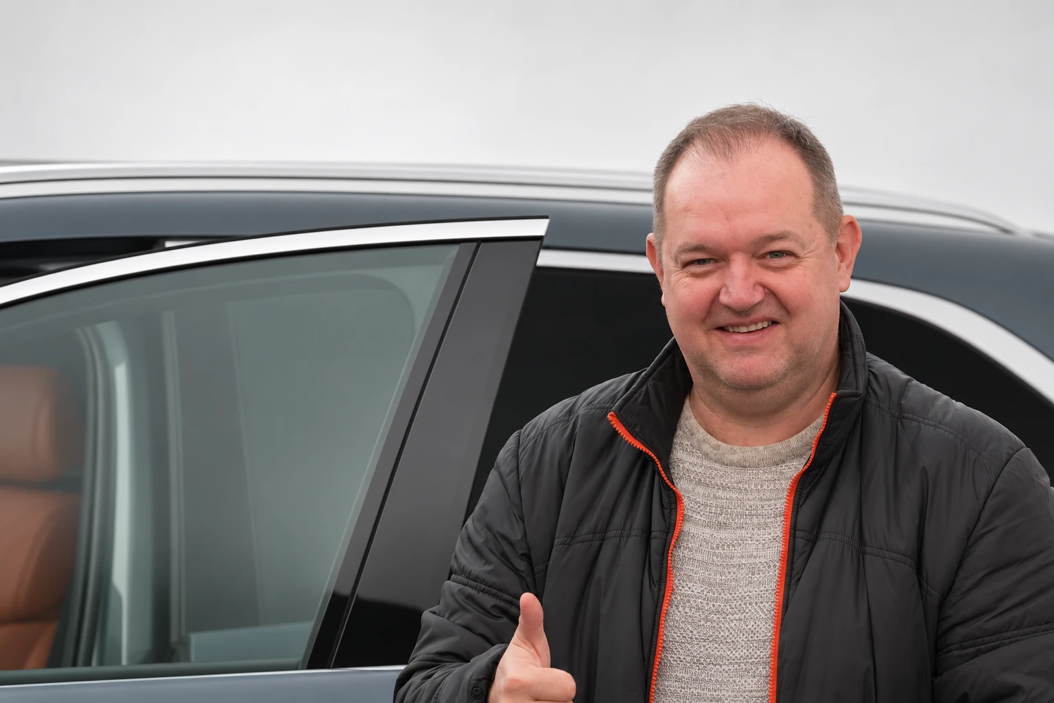 BYD Tang L, mężczyzna stojący przy bocznych drzwiach samochodu na jasnym tle.