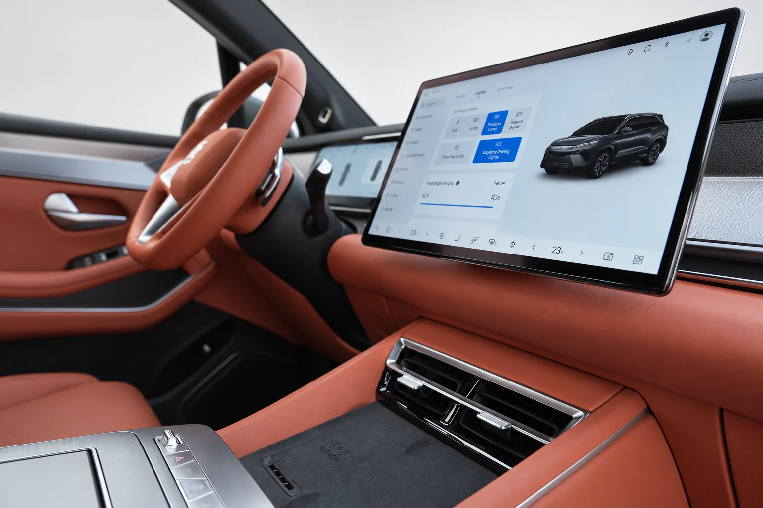 BYD Tang L, centralny ekran ustawień samochodu nad nawiewami i konsolą środkową.