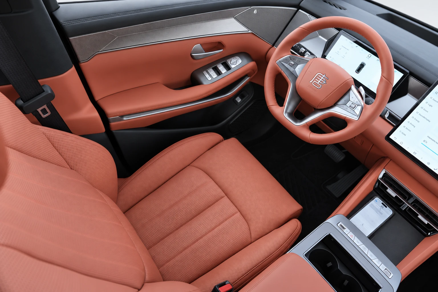 BYD Tang L, fotel kierowcy, panel drzwi i kierownica widziane ukośnie z góry.