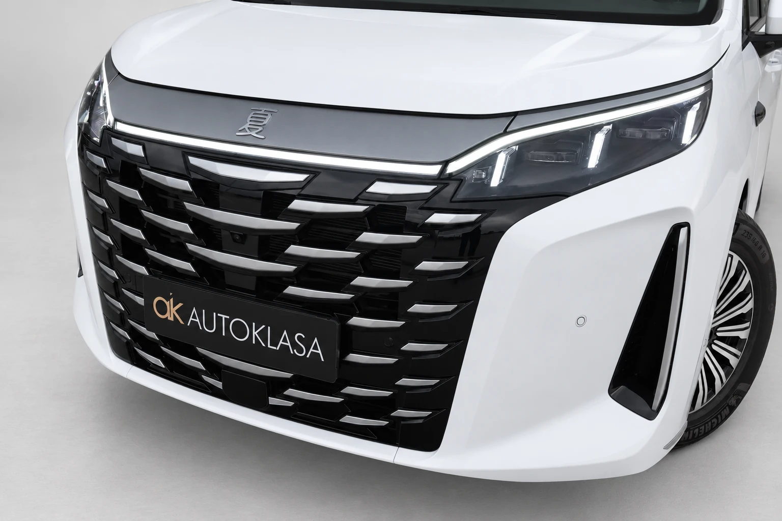 BYD Xia, grill, emblemat i przednia lampa widziane ukośnie z góry.