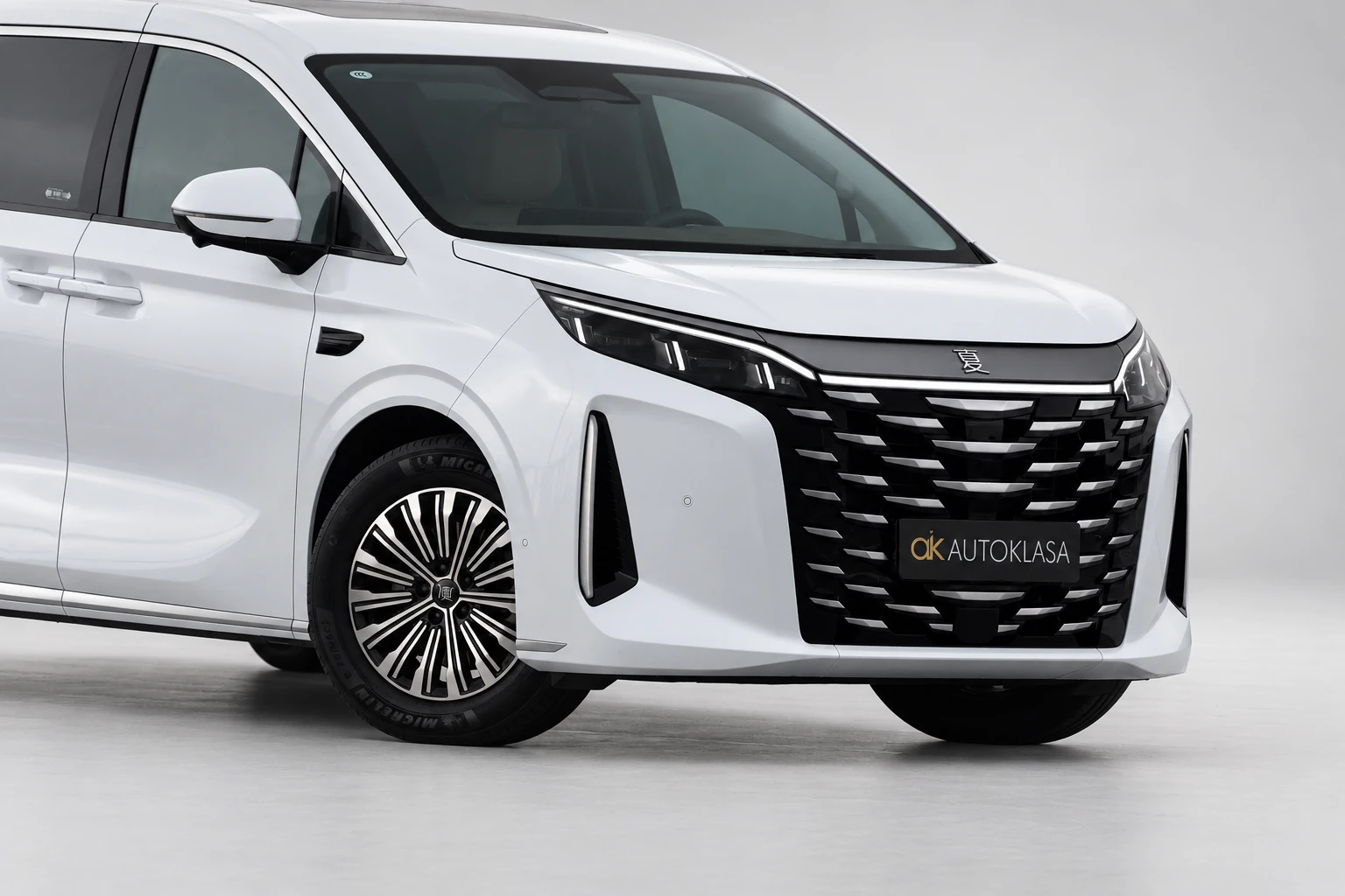 BYD Xia, przednia część nadwozia z dużym grillem, lusterkiem i wieloramienną felgą.