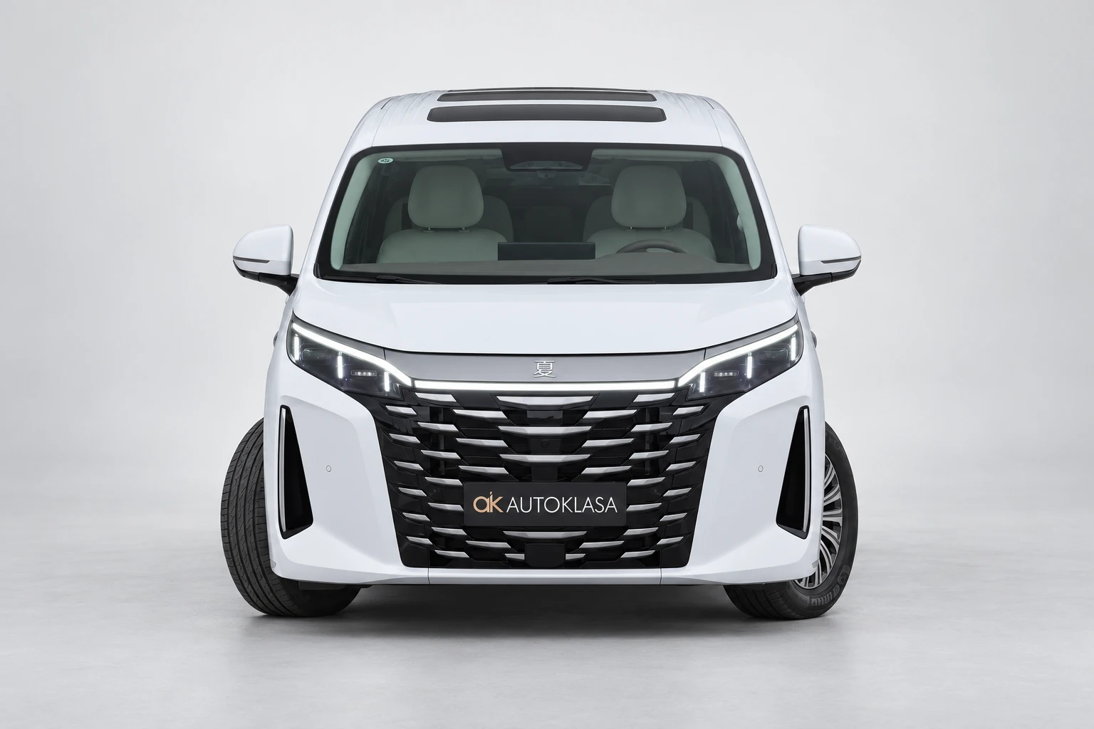 BYD Xia w symetrycznym widoku przodu ze skręconymi kołami, dużym grillem i widocznym dachem; ujęcie 2.