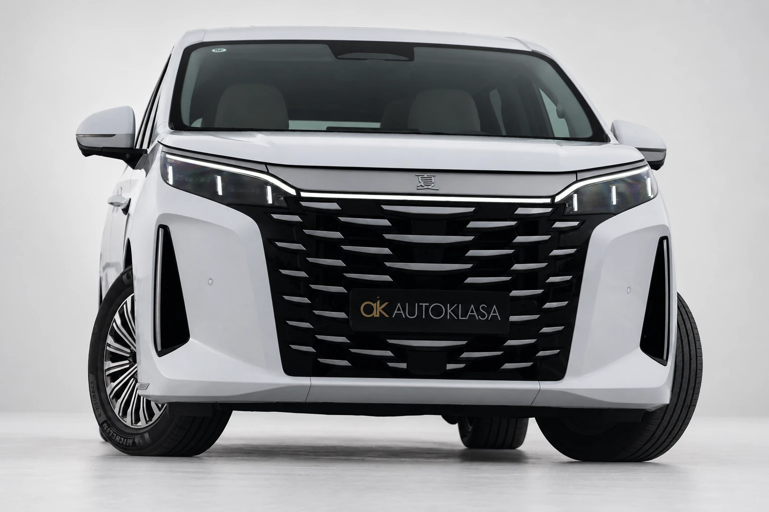 BYD Xia od przodu z lekko skręconymi kołami i dużym czarnym grillem.