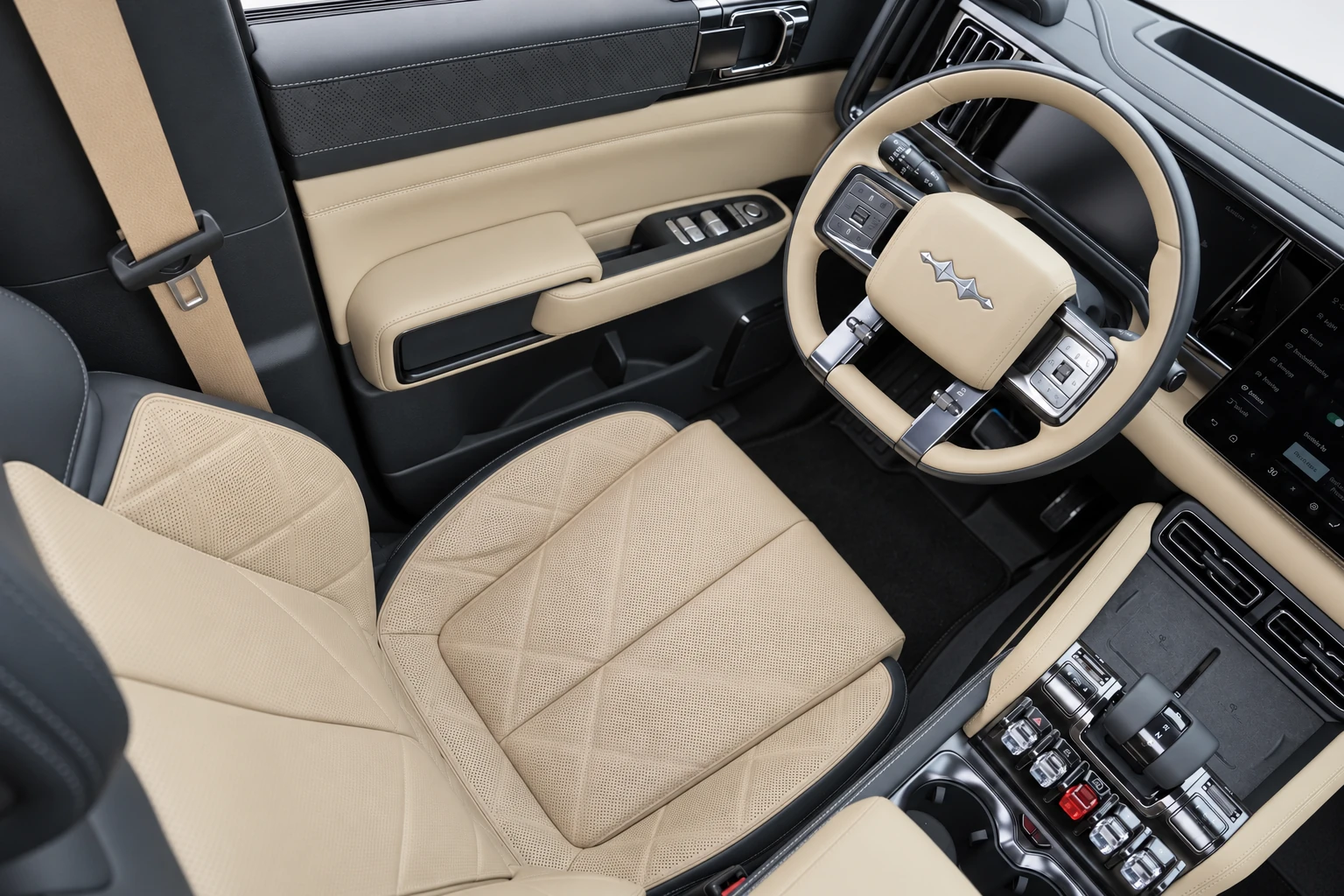 Fotel kierowcy BYD Leopard 5 z kierownicą i konsolą w ujęciu z góry.