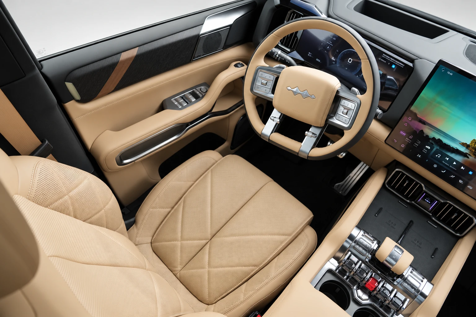 Beżowy fotel kierowcy BYD Leopard 8 z kierownicą, konsolą i boczkiem drzwi.